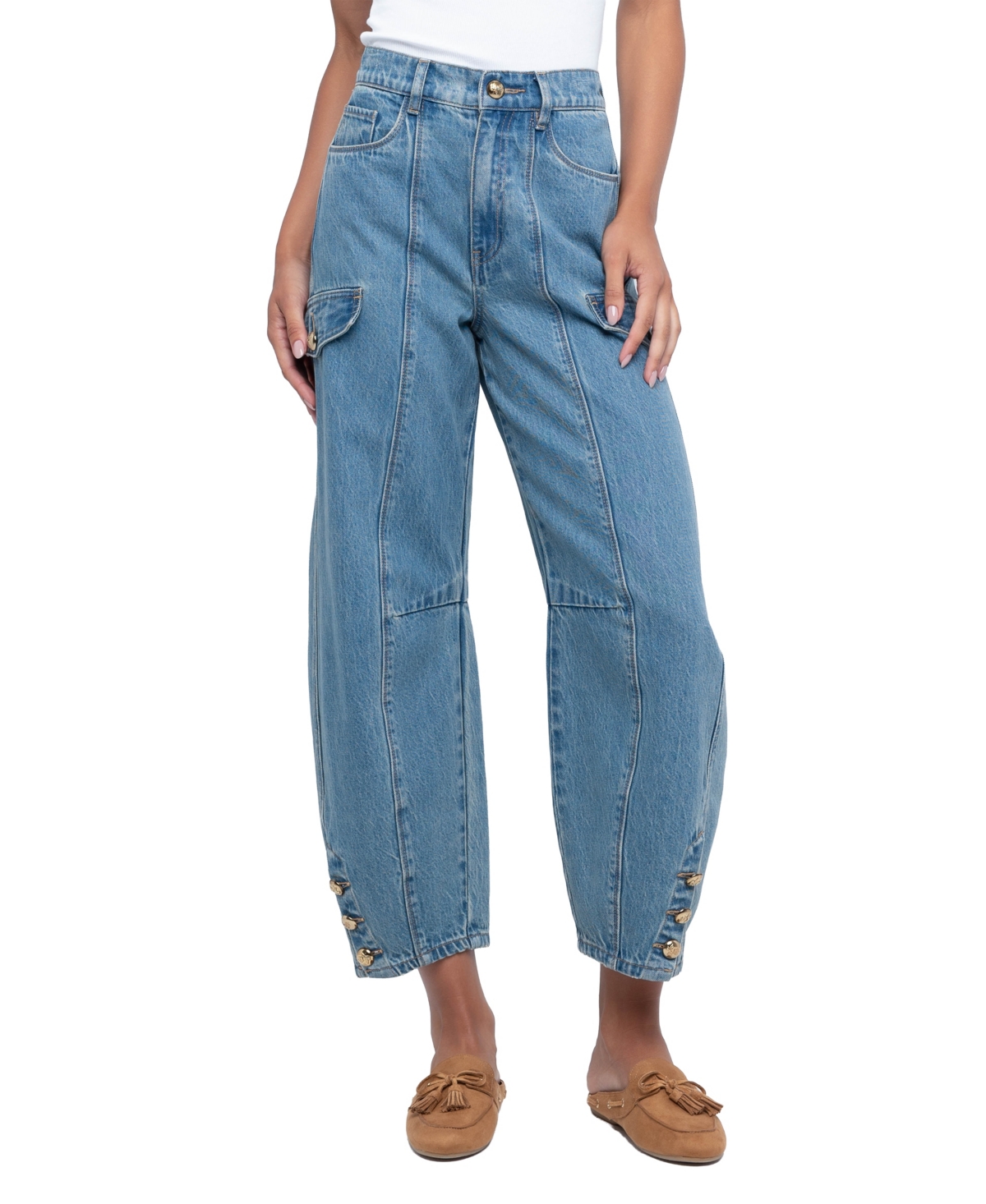 Blank Nyc Women's Silent March High-Waisted Cargo Barrel-Leg Jeans - Medium Indigo