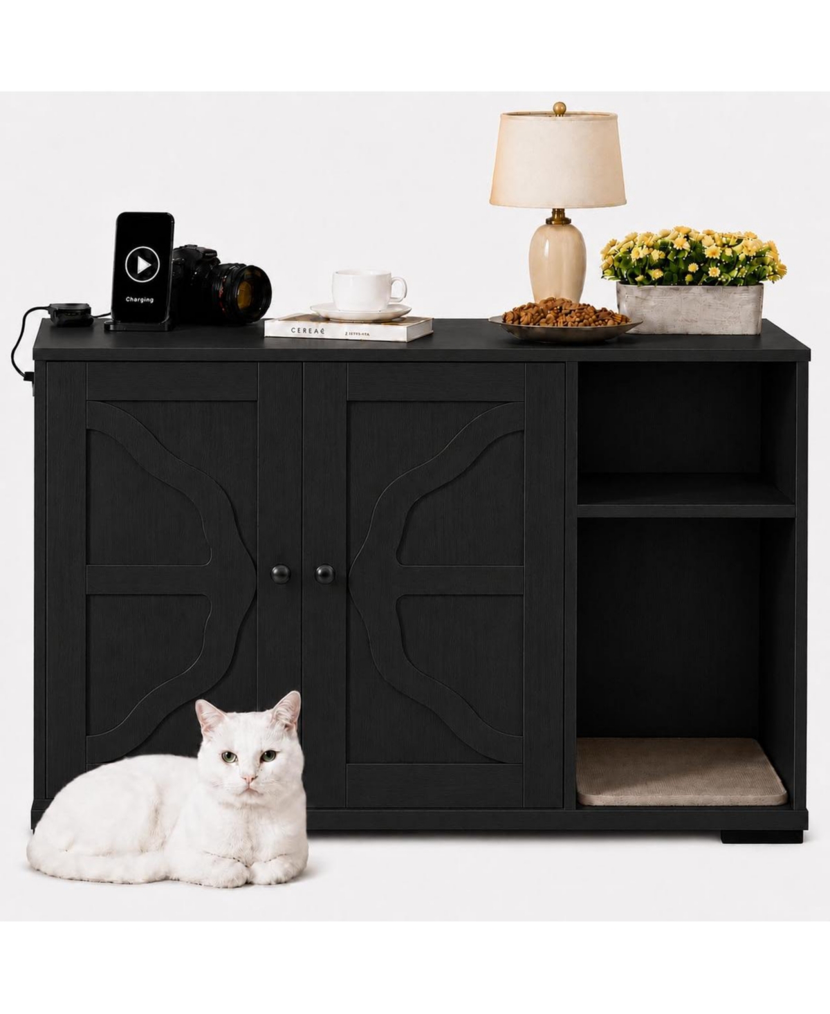 Lalfpet Cat Litter Box Enclosure,Cat House, Fits Self-Cleaning Box, Dog Proof Cabinet With Side Outlet And 5 Ft Cord, Cross Frame Design