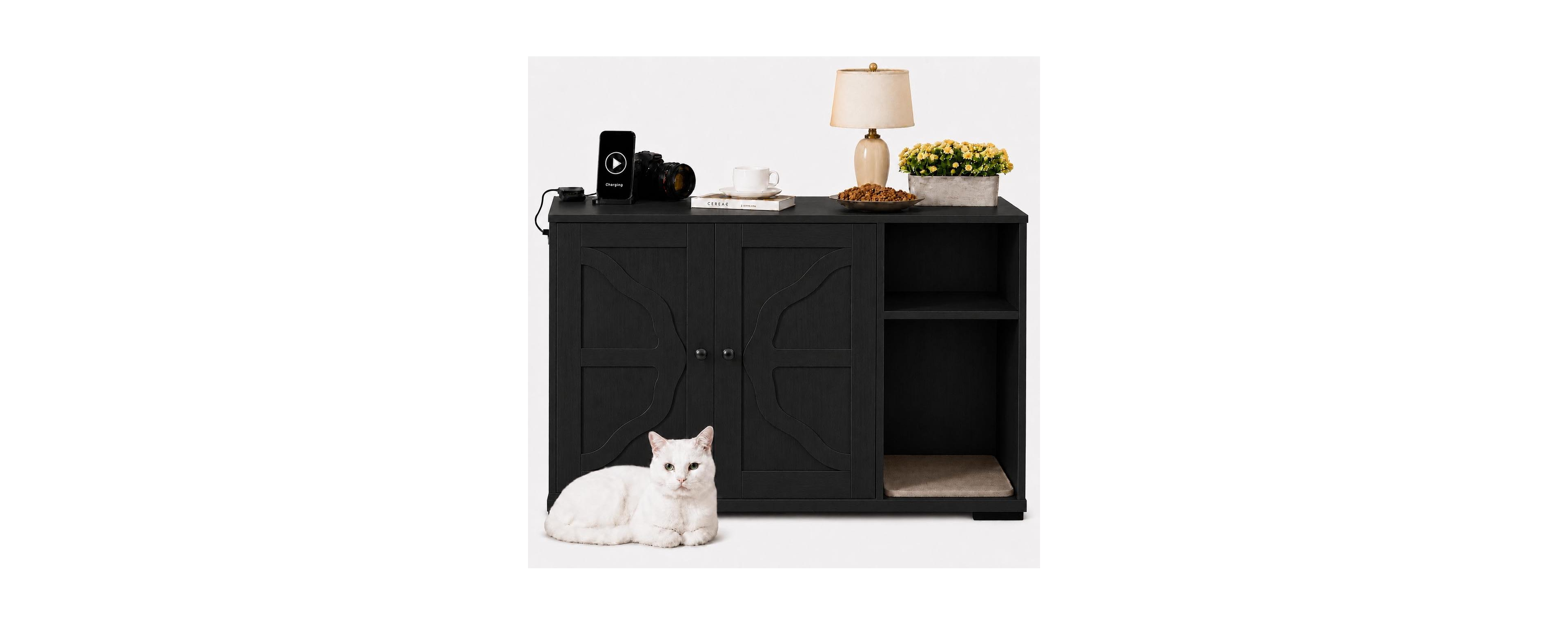 Lalfpet Cat Litter Box Enclosure,Cat House, Fits Self-Cleaning Box, Dog Proof Cabinet With Side Outlet And 5 Ft Cord, Cross Frame Design