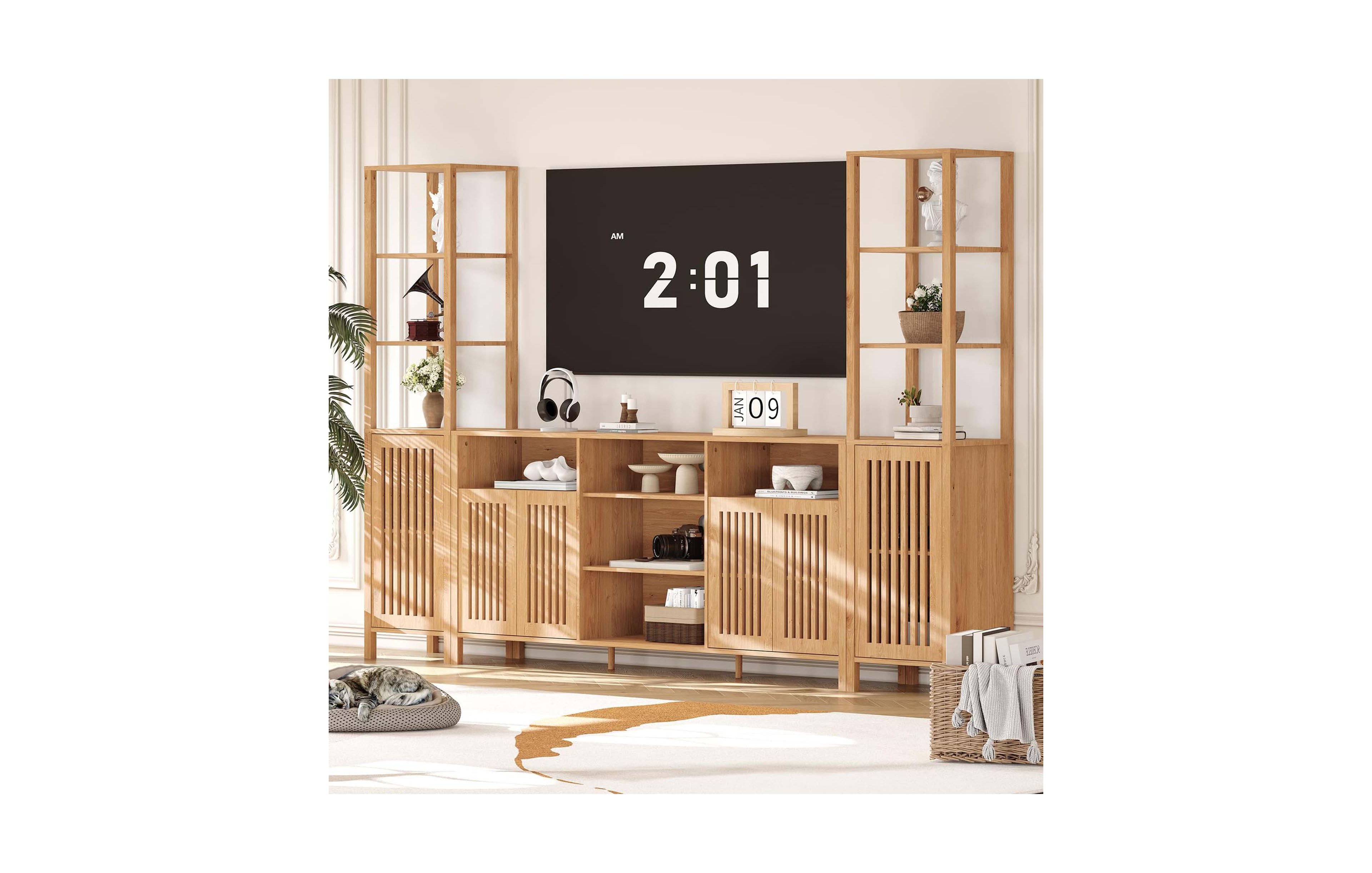 homfan 3-Piece Large Tv Stand with Bookshelves for TVs Up to 70 Inch Modular Entertainment Center Engineered Wood for Living Room Bedroom