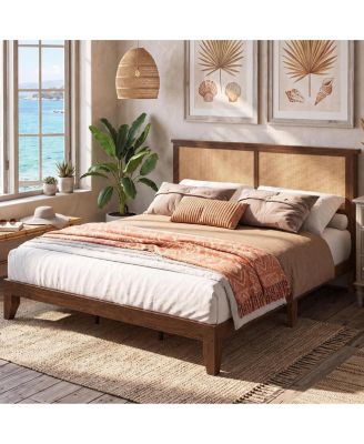 Boho Farmhouse Rattan Wood Platform Bed Frame with RGB LED Lights and Headboard Shelf - Solid Wood Support, No Box Spring Needed for Bedroom