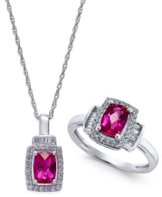 Macy's - Lab-Created Ruby (2 ct. t.w.) and White Sapphire (5/8 ct. t.w.) Pendant Necklace and Matching Ring Set in Sterling Silver