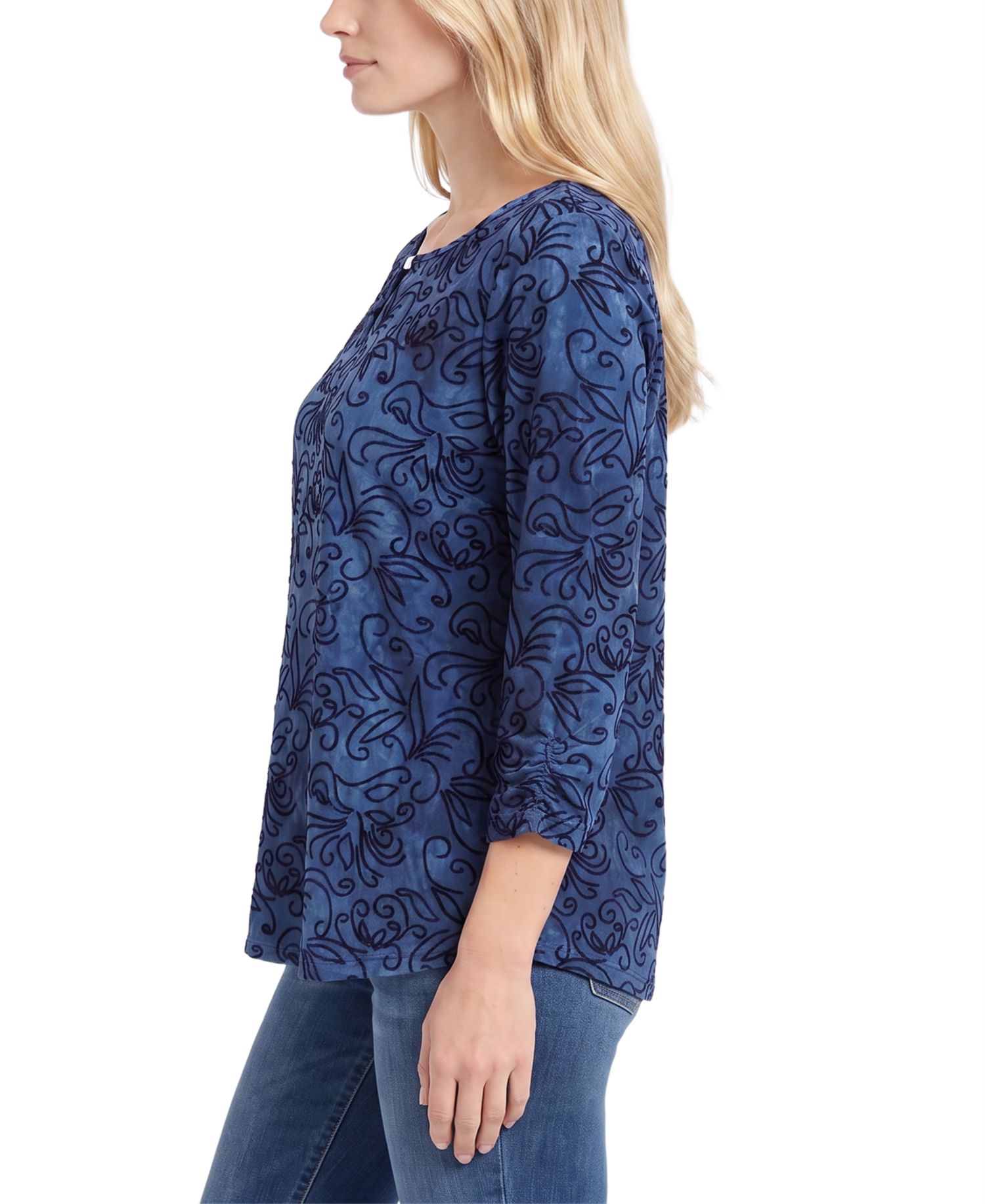 Petite 3/4-Sleeve Tie-Dye Keyhole Blouse