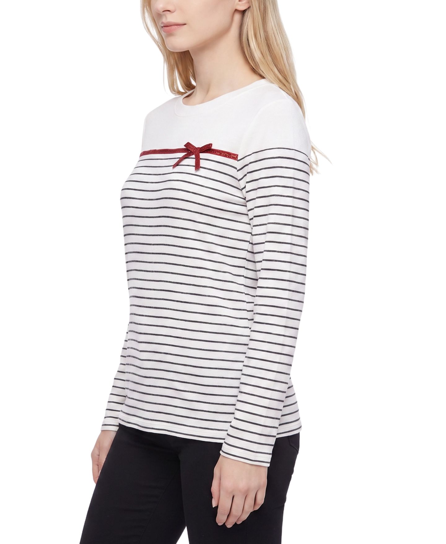 Женская футболка NY Collection Petite Long-Sleeve Crewneck Metallic Ribbon Bow, цвет: Слоновая кость чёрный полосатый — фото 2