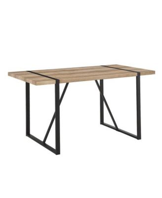 5-Piece 55" Wood Tone Dining Set, Linen Chairs and Metal Base