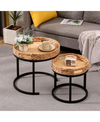 Set of 2 Round Nesting Side Tables, Tray Top Coffee Table with Handles