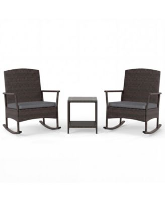3-Piece Wicker Rocking Chair Patio Set with 2-Tier Tempered Glass Table