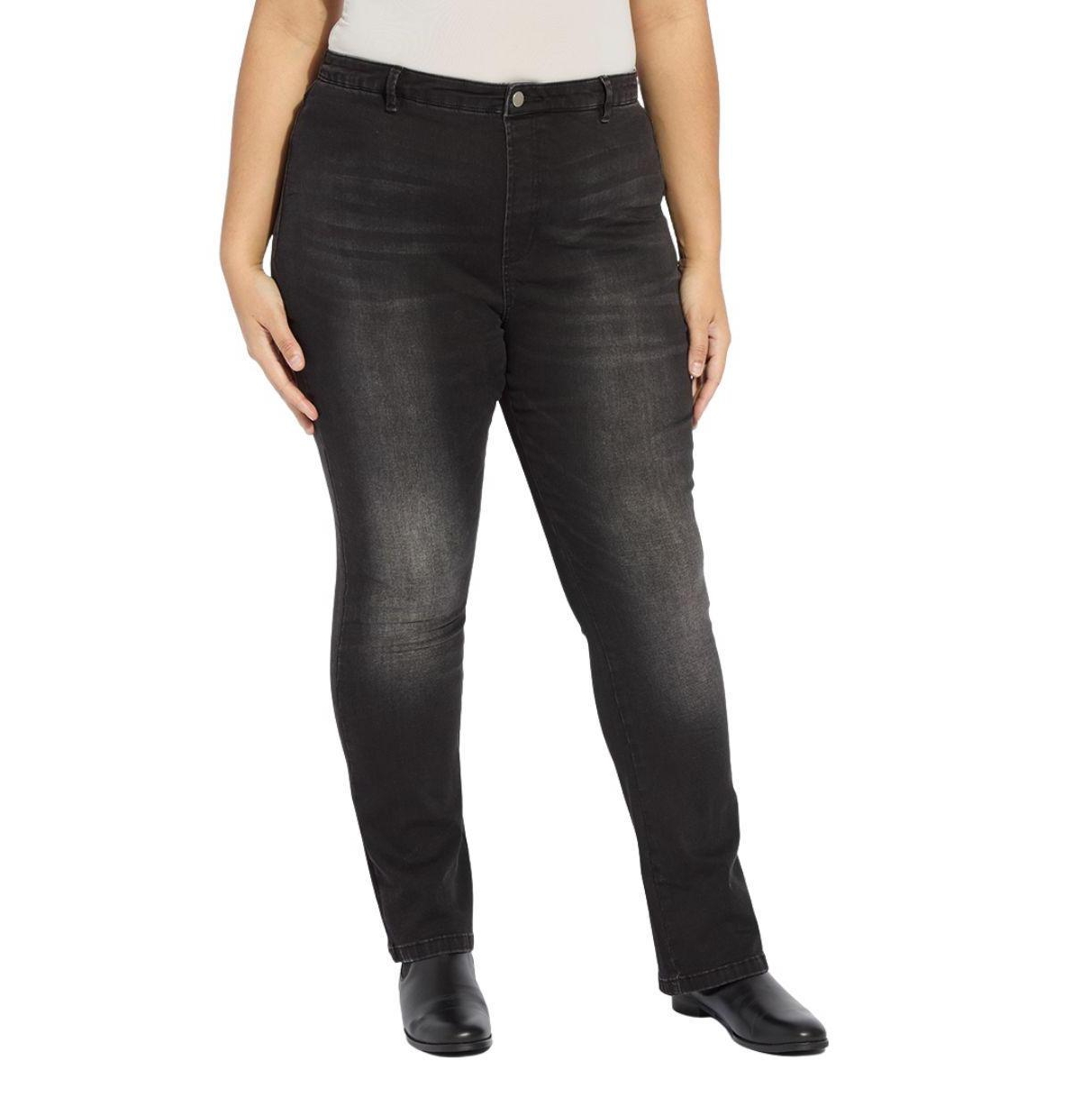 Lysse Plus Size Estelle High-Waisted Flare Pull-On Denim Jeans - Distressed black.