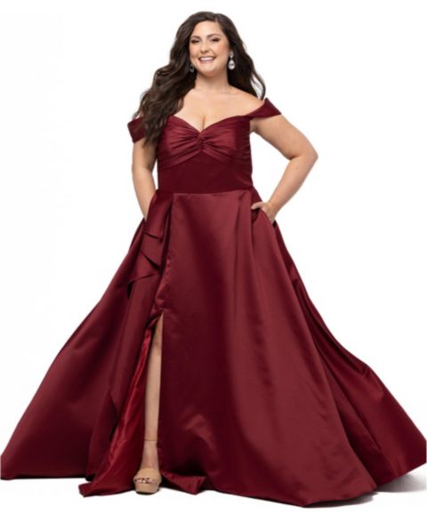Женское платье Sydney's Closet Plus Size A-Line Satin Sweetheart Neck Gown, цвет: Бордовый