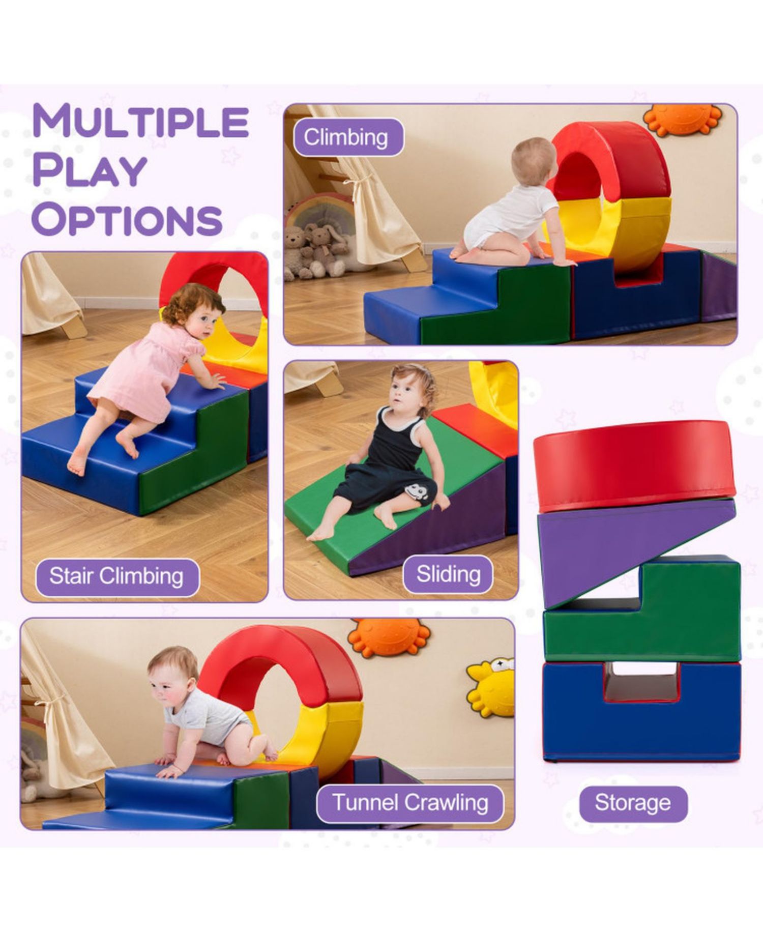 5-Piece Soft Foam Climbing Block Set with Stairs and Ring Tunnel Shapes Ages 1