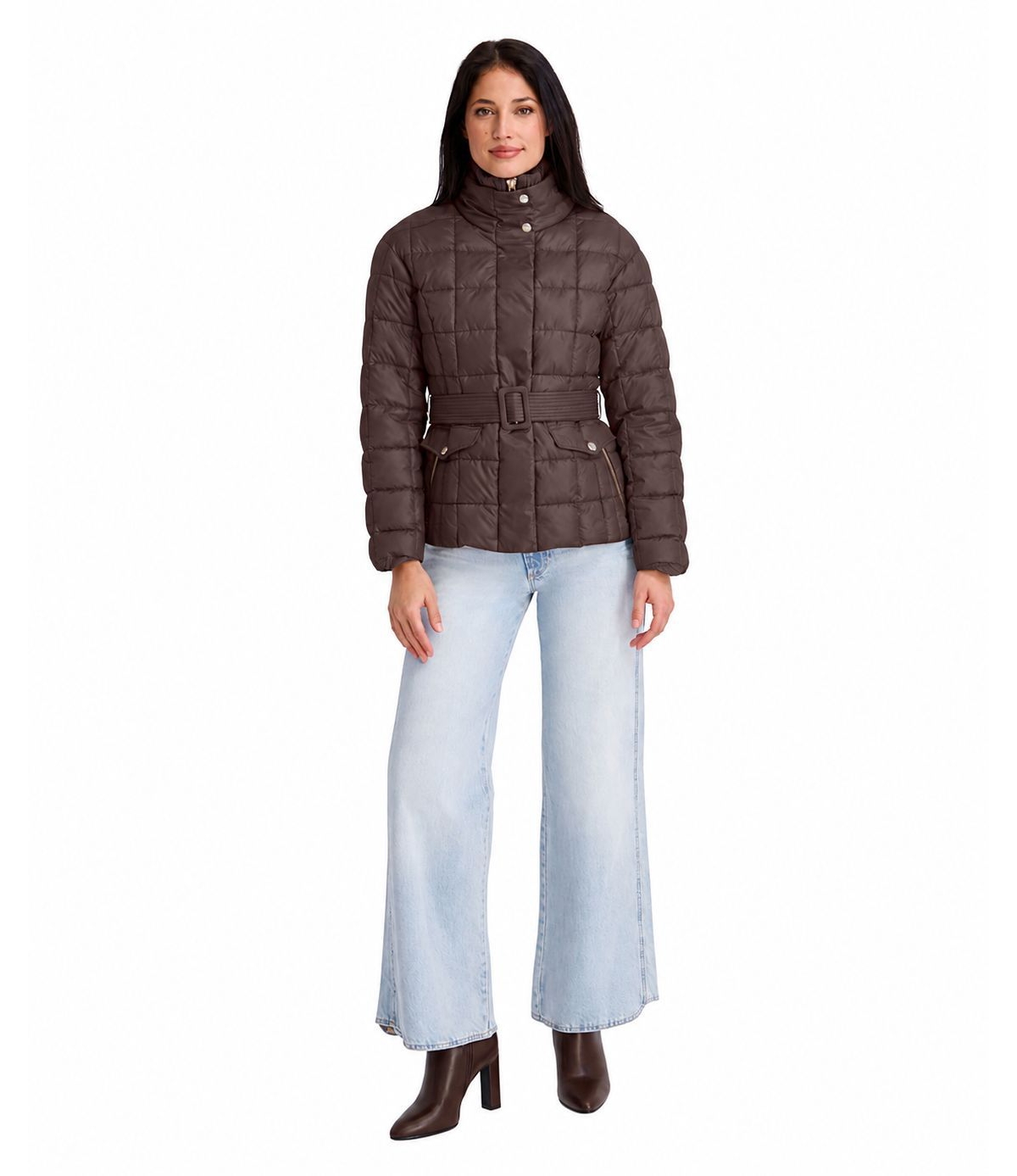 Kensie Women's Quilted Funnel-Neck Puffer Jacket - Chocolate