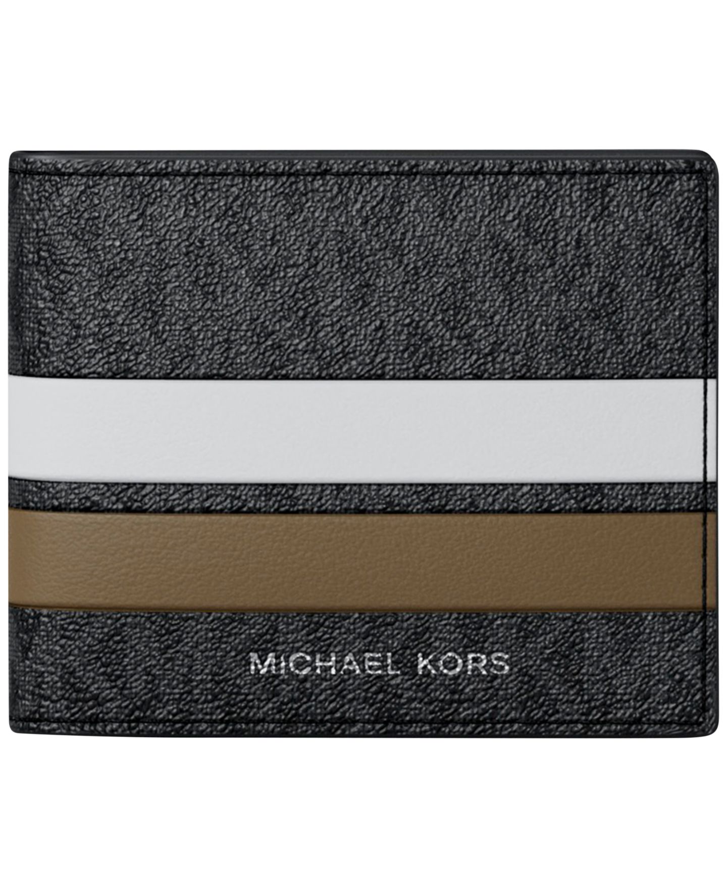 Мужской кошелёк Michael Kors Slim Bifold Signature Logo Print Faux Leather Wallet, цвет: Тёмно-зелёный разноцветный — фото 1
