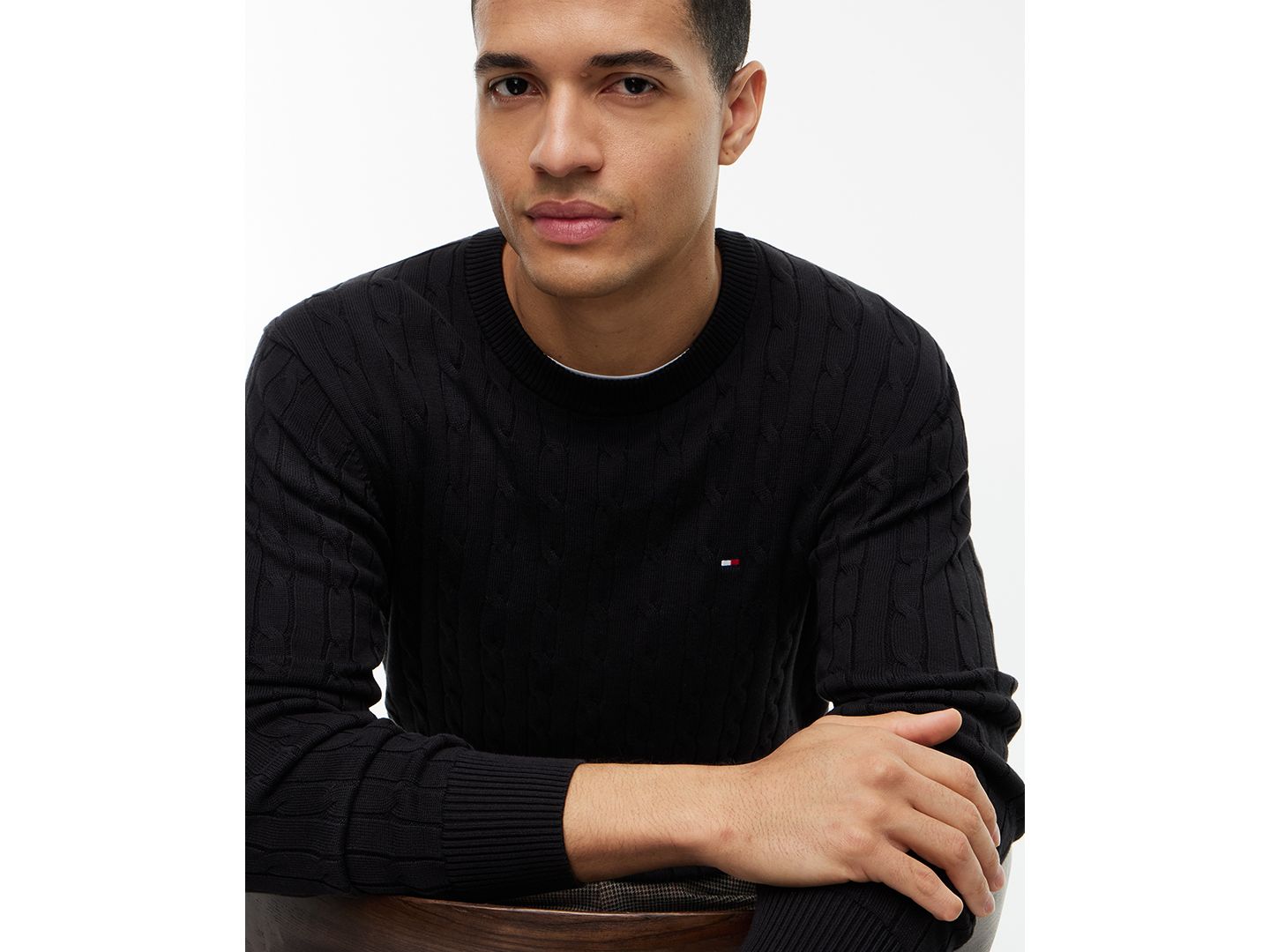 Мужской свитер Tommy Hilfiger Classic Cotton Cable Crewneck, цвет: Чёрный — фото 3