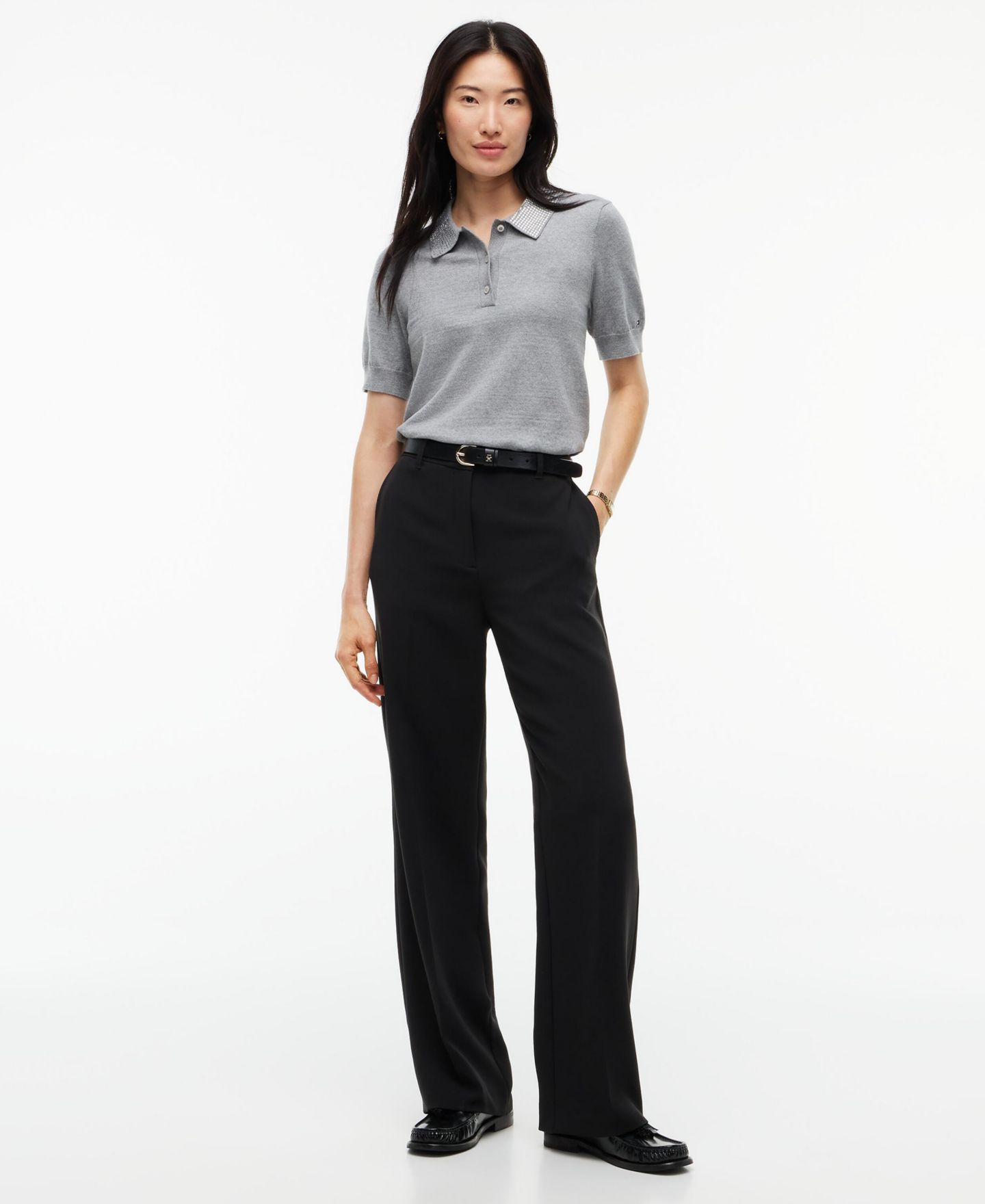 Женское поло Tommy Hilfiger Bling Fine Gauge Knit Polo, цвет: Средний серый меланжевый — фото 2