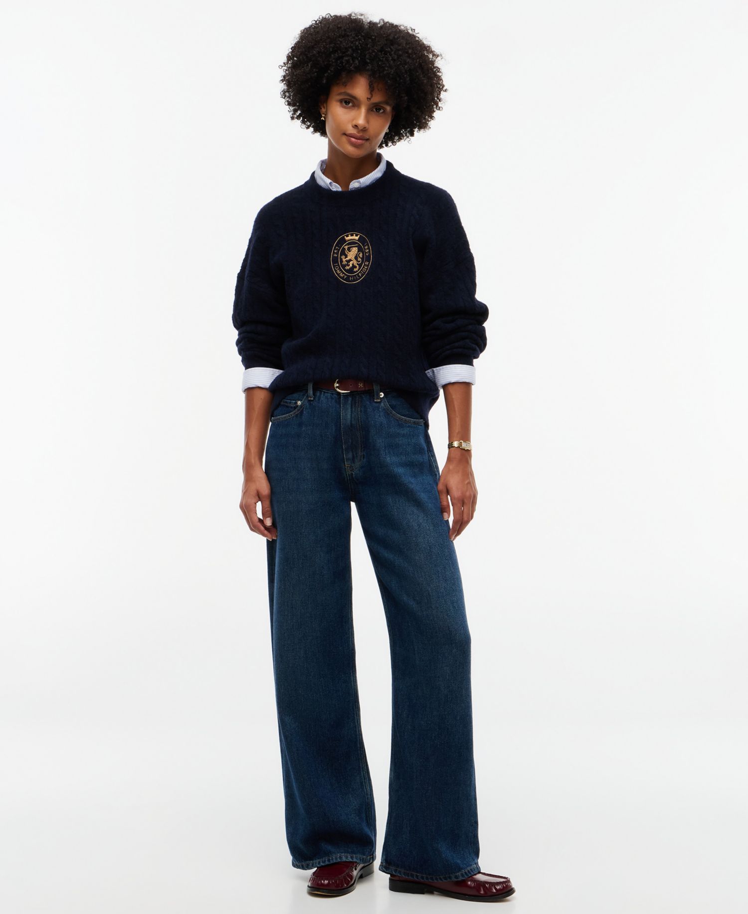 Women's Cable-Knit Crewneck Embroidered Crest Sweater