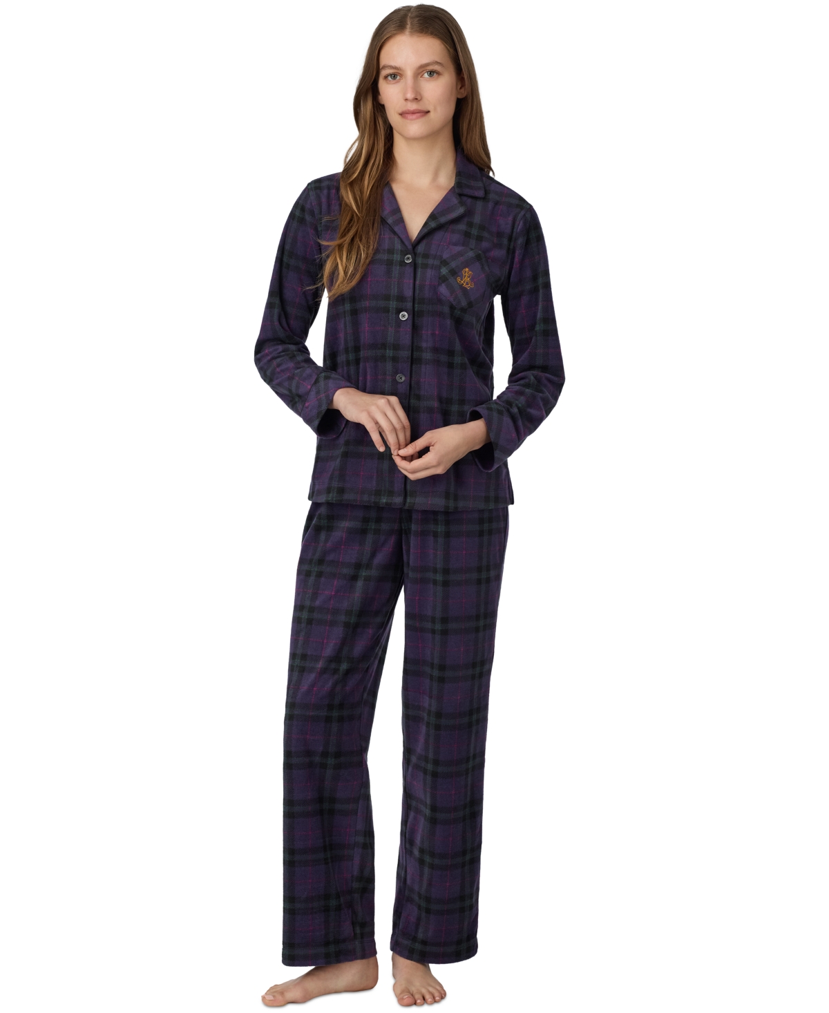 Lauren Ralph Lauren Petite Long-Sleeve Notch-Collar Fleece Top and Pants, 2-Piece Set - Purple Plaid