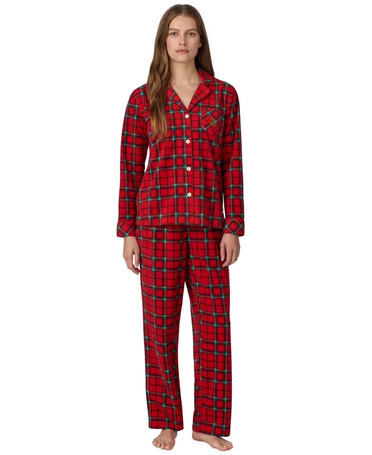 Lauren Ralph Lauren Petite Long-Sleeve Notch-Collar Fleece Top and Pants, 2-Piece Set - Red Plaid
