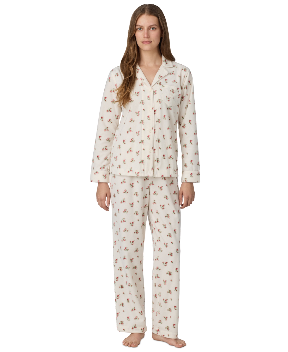 Lauren Ralph Lauren Petite Long-Sleeve Notch-Collar Fleece Top and Pants, 2-Piece Set - Cream Ground Floral