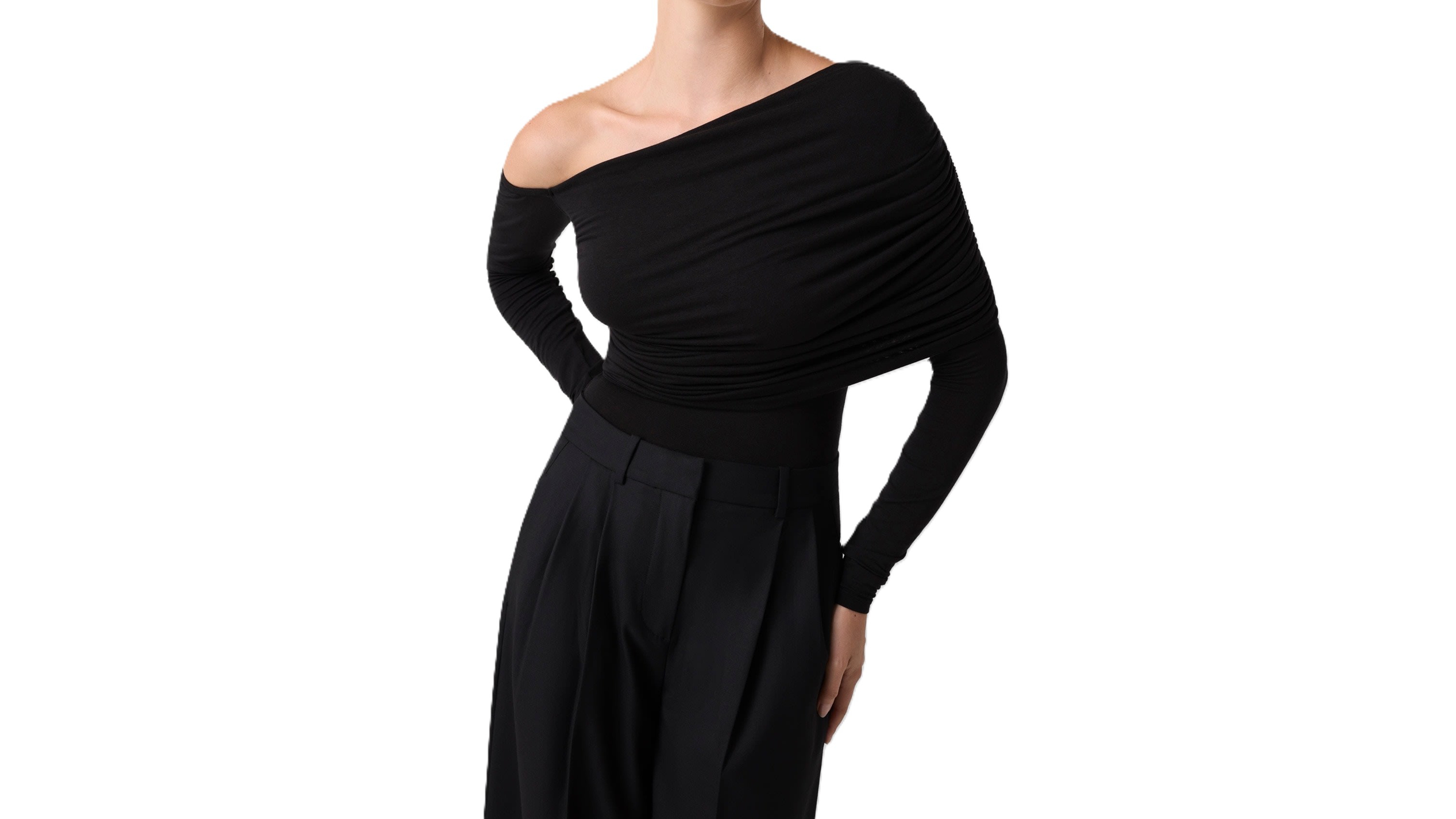 Guess Women's Asymetric Drapery Long Sleeve Off Shoulder Bodysuit