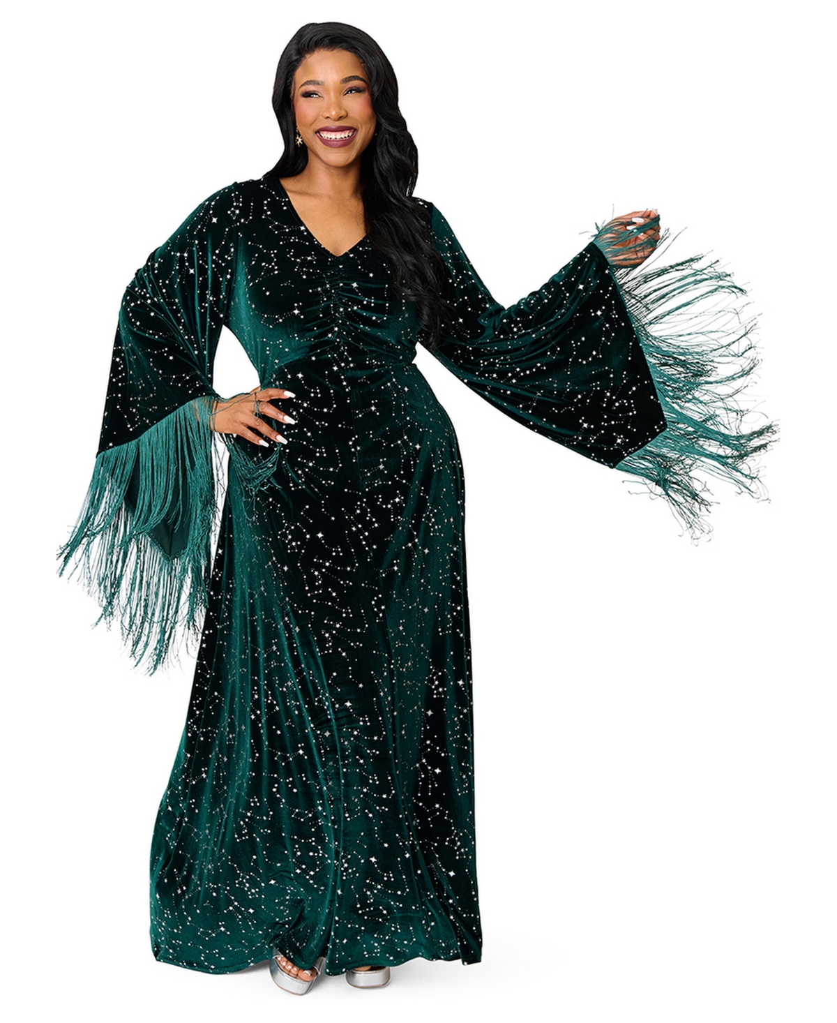 Smak Parlour Plus Size Fringed Long Bell Sleeved Ruched Maxi Dress - Green w/ star print