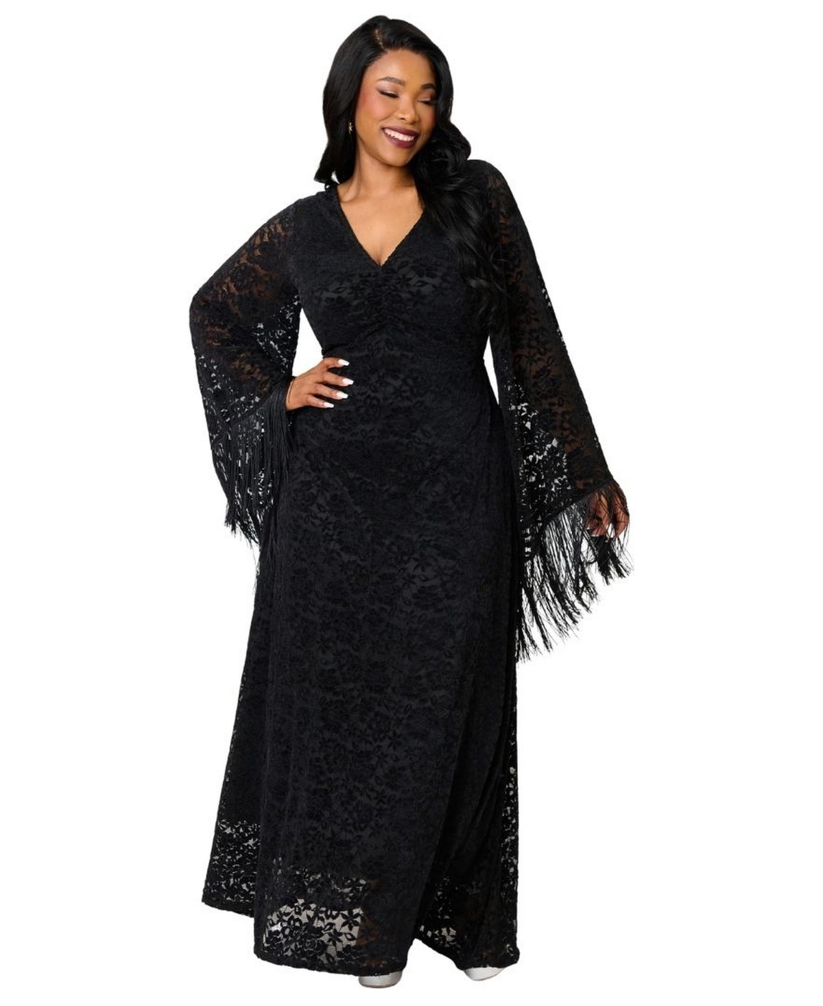 Smak Parlour Plus Size Fringed Long Bell Sleeved Ruched Maxi Dress - Black solid