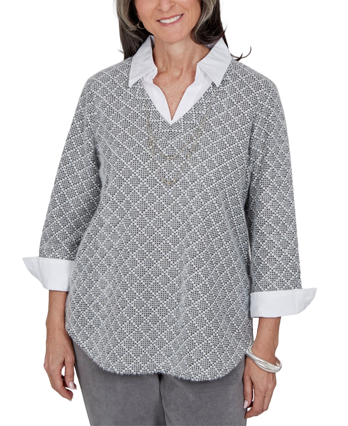 Alfred Dunner Petite Geometric 3/4-sleeve V-neck Blouse In Grey