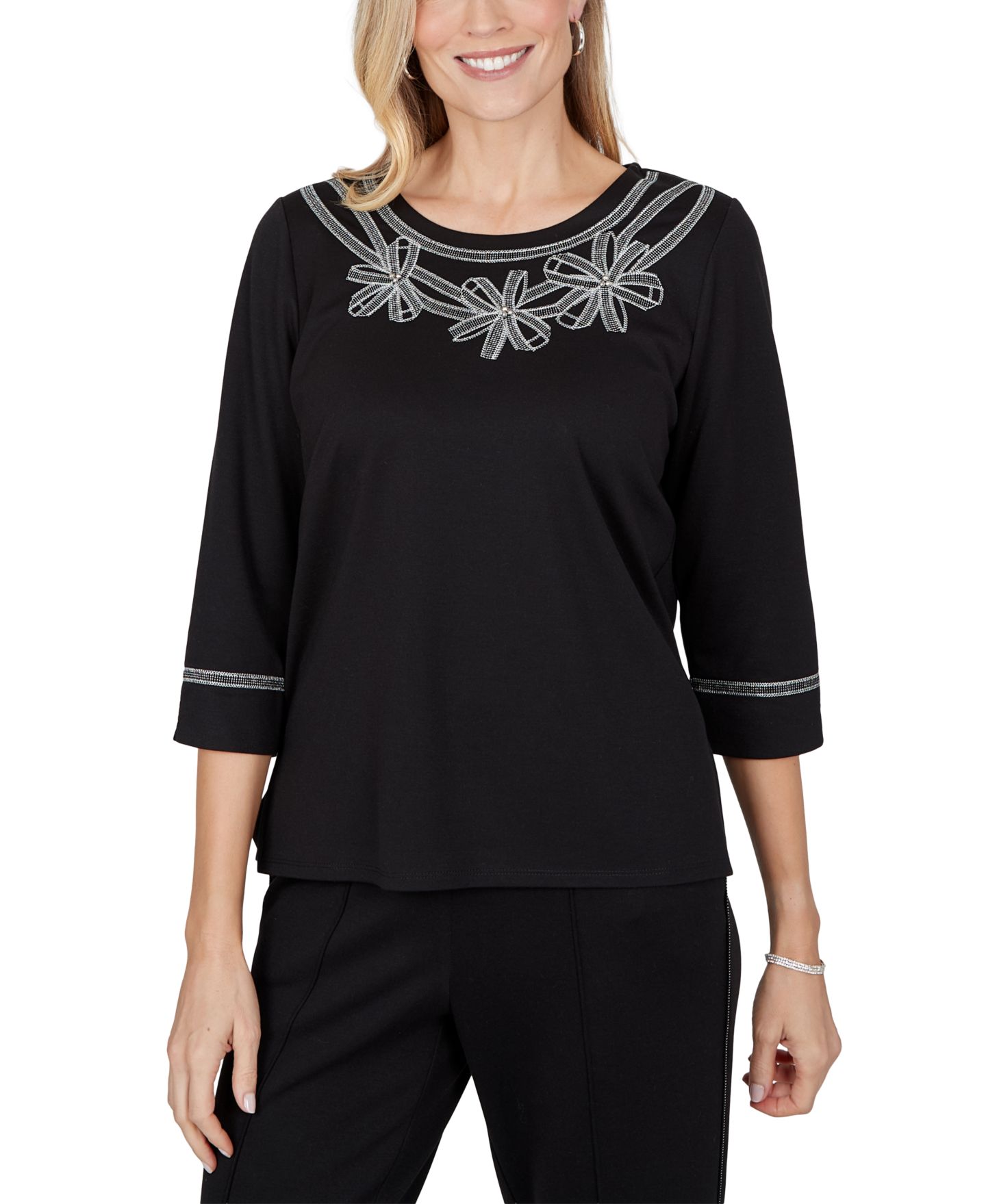 Женский топ Alfred Dunner Petite 3/4-Sleeve Crew Neck Side-Slit, цвет: Оникс — фото 1