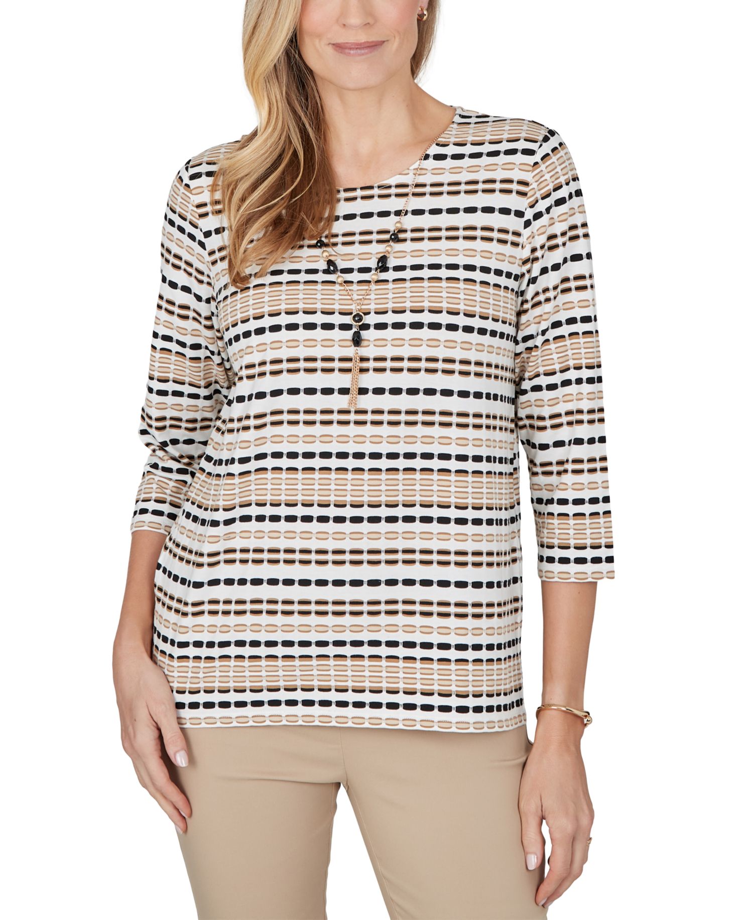 Petite 3/4-Sleeve Crewneck Stripe Blouse
