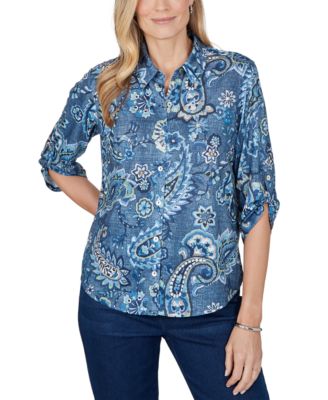 Petite Paisley 3/4-Sleeve Roll-Tab Top