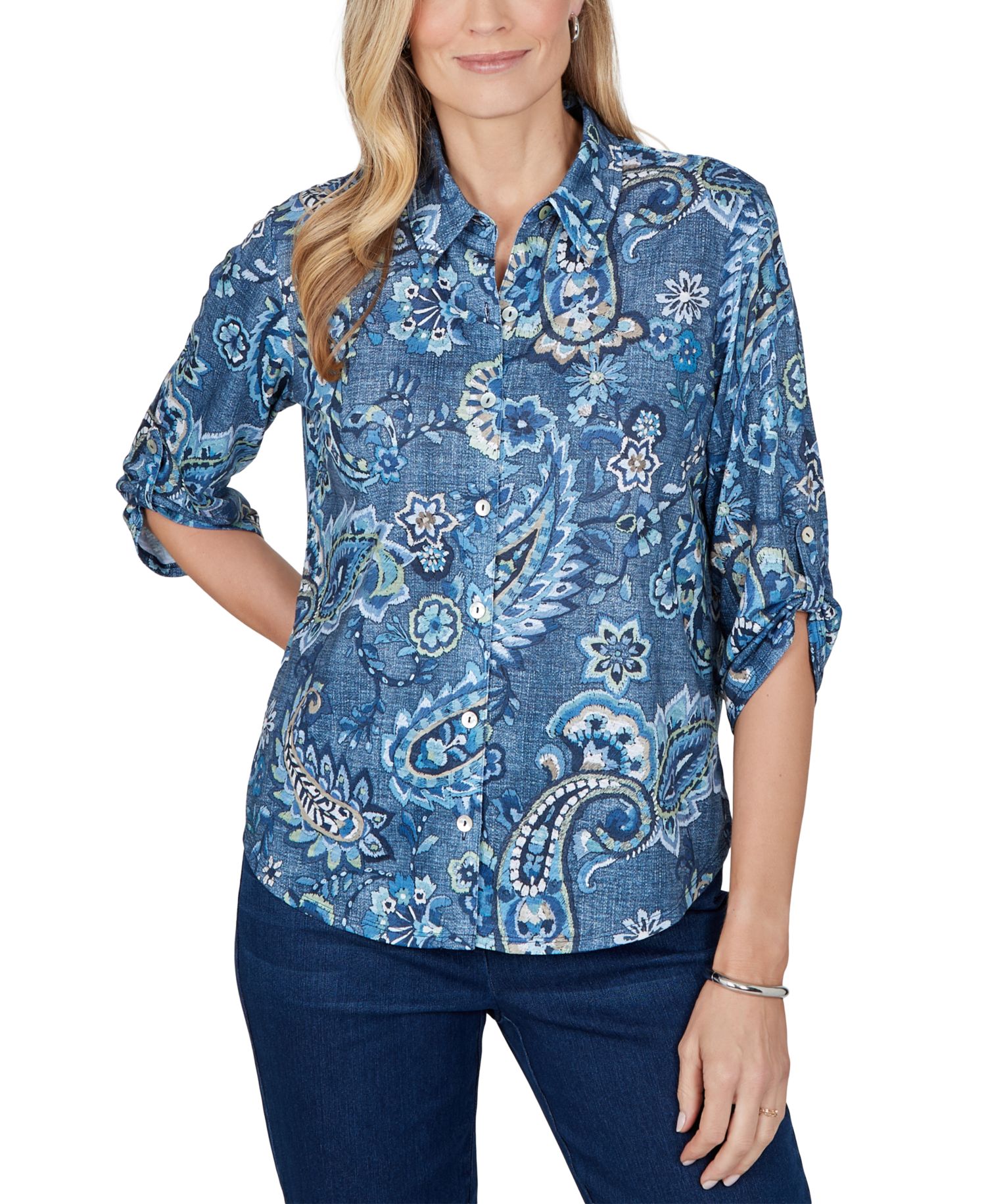 Petite Paisley 3/4-Sleeve Roll-Tab Top