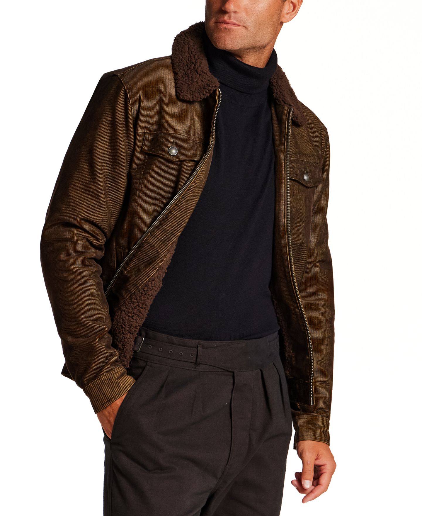 Мужская куртка Vintage & Black Sherpa-Lined Two-Tone Corduroy Trucker, цвет: Коричневый — фото 6