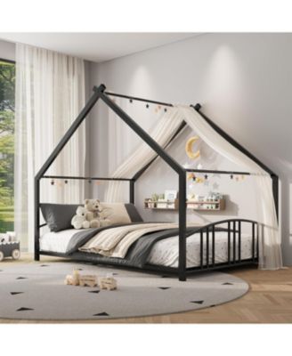 Full Size Metal House Bed Frame for Kids, Montessori Floor Bed for Kids with Roof Low Bed with Rails