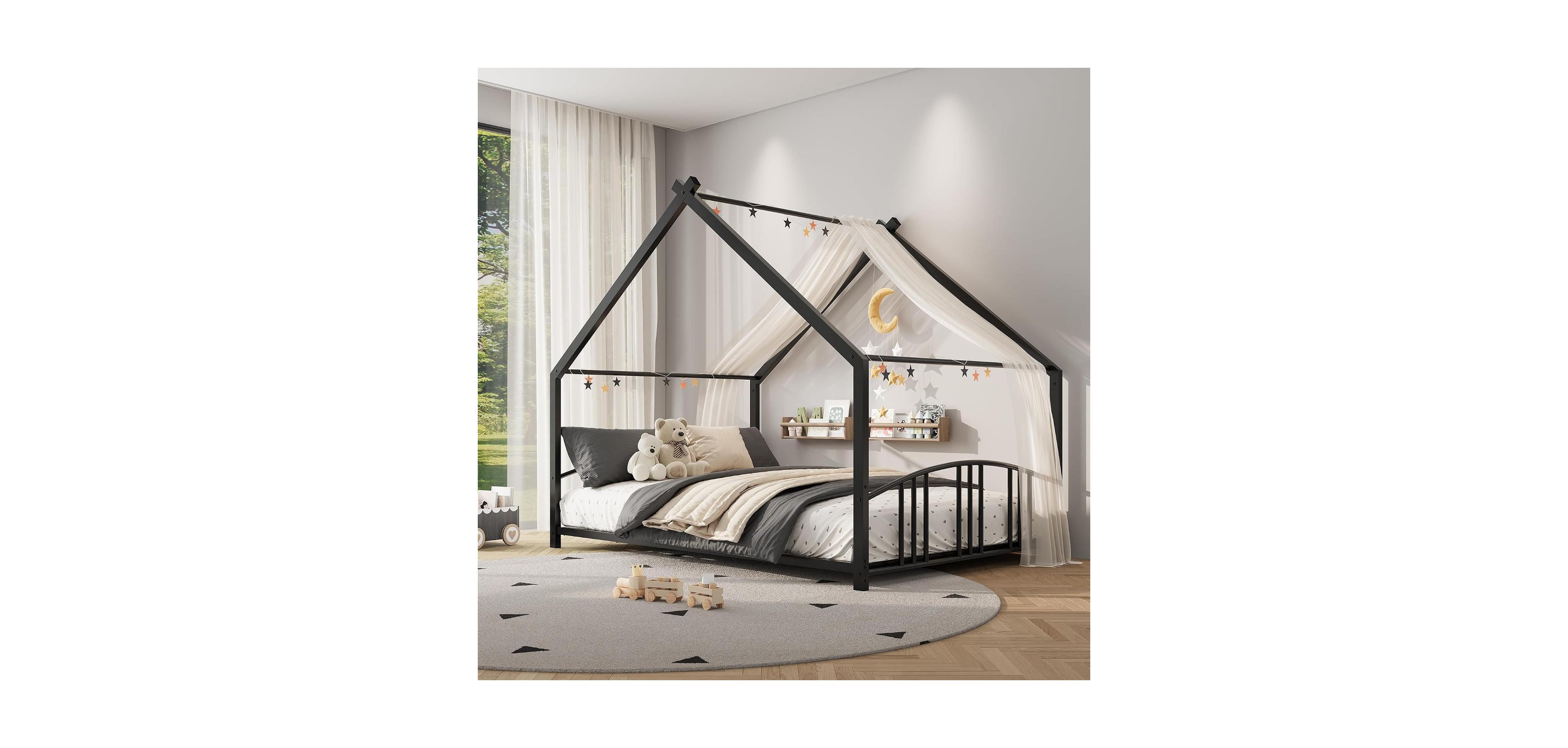 gaomon Full Metal House Bed Frame for Kids, Montessori Floor Kids with Roof Low Rails