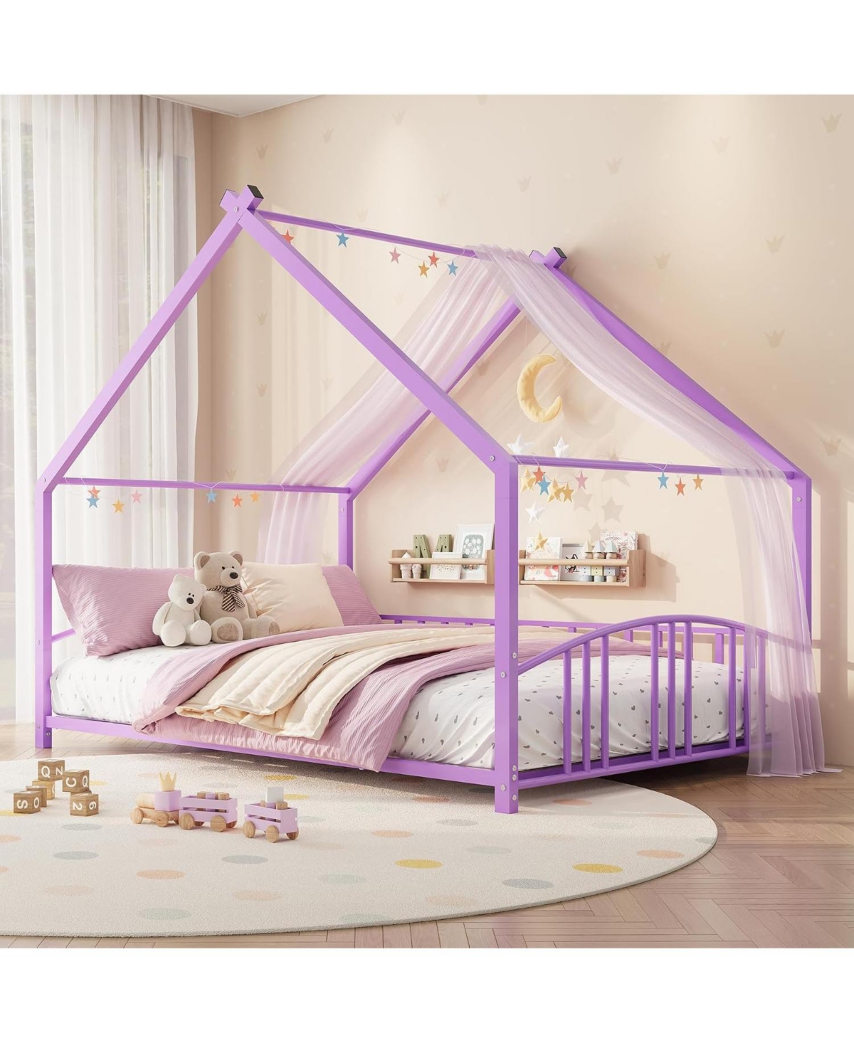 gaomon Full Size Metal House Bed Frame for Kids, Montessori Floor Bed for Kids with Roof Low Bed with Rails - Purple