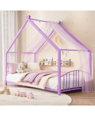 Full Size Metal House Bed Frame for Kids, Montessori Floor Bed for Kids with Roof Low Bed with Rails