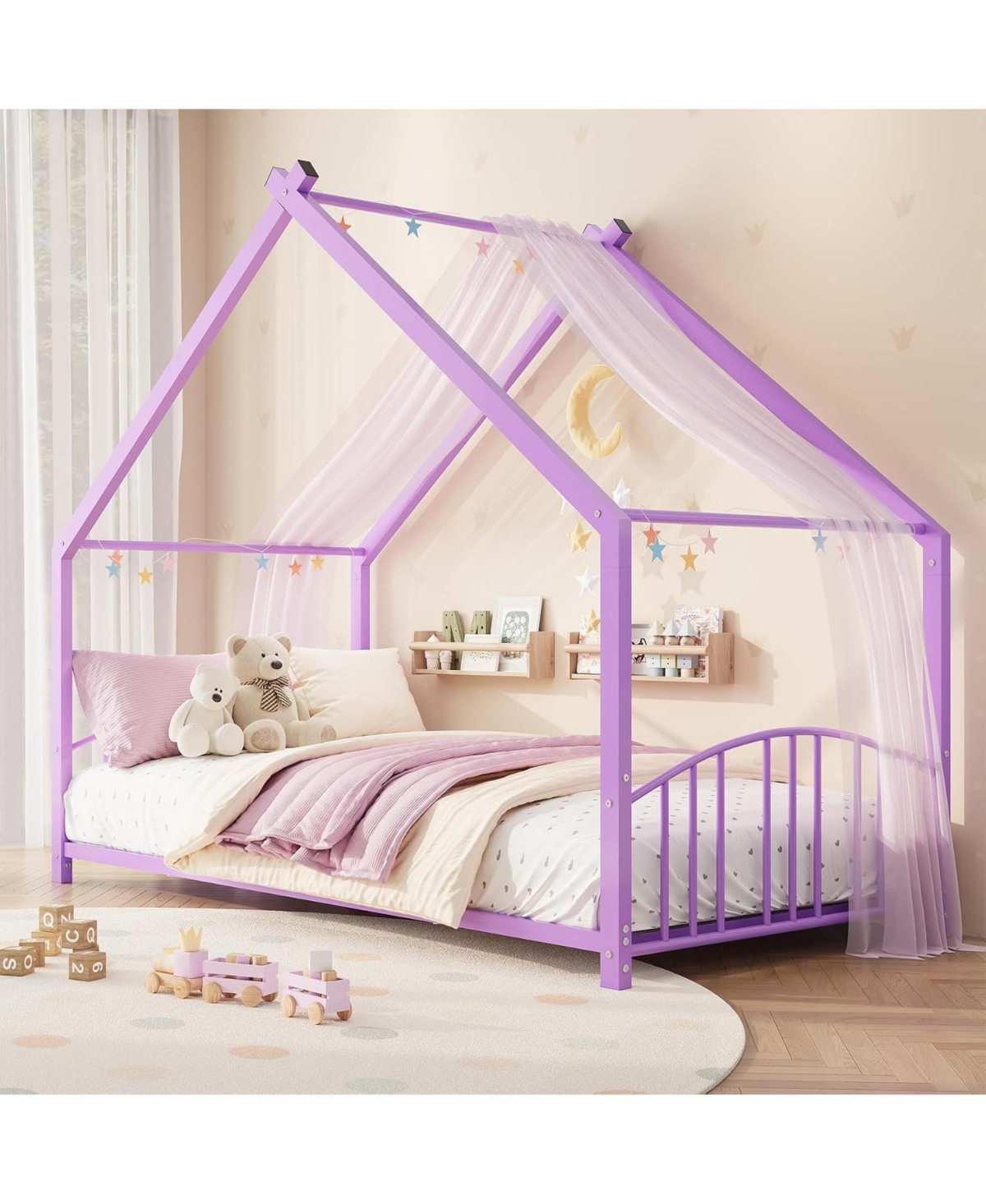 gaomon Full Size Metal House Bed Frame for Kids, Montessori Floor Bed for Kids with Roof Low Bed with Rails
