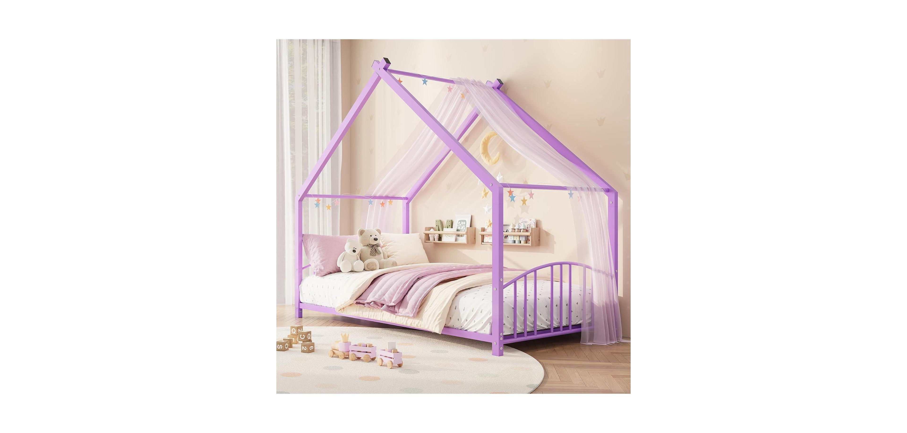 gaomon Full Size Metal House Bed Frame for Kids, Montessori Floor Bed for Kids with Roof Low Bed with Rails