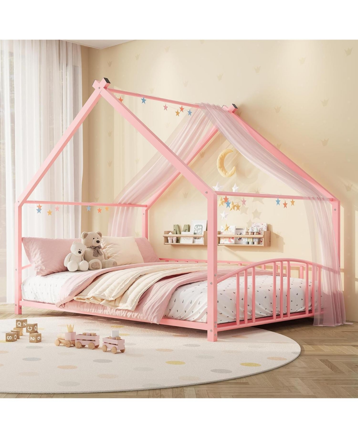 gaomon Full Size Metal House Bed Frame for Kids, Montessori Floor Bed for Kids with Roof Low Bed with Rails - Pink