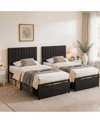 Set of 2 Twin Upholstered Platform Beds with Linen Fabric Headboard and Rolling Under-Bed Storage Drawer - Heavy Duty 800 lbs Support