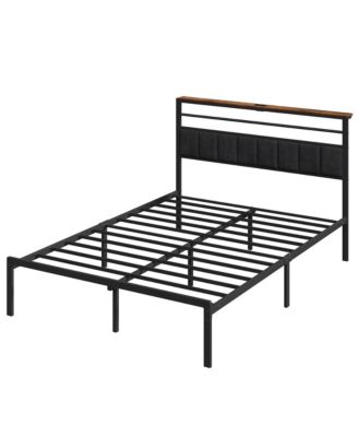 Queen Industrial Platform Bed with USB Charging Station, Low Profile Metal Bed with Wood Shelf
