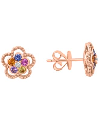 Floral Diamond and Multigemstone Stud Earrings (1/20 ct. t.w. Diamond, 1/3 ct. t.w. Multigemstone) in 14k Yellow Gold