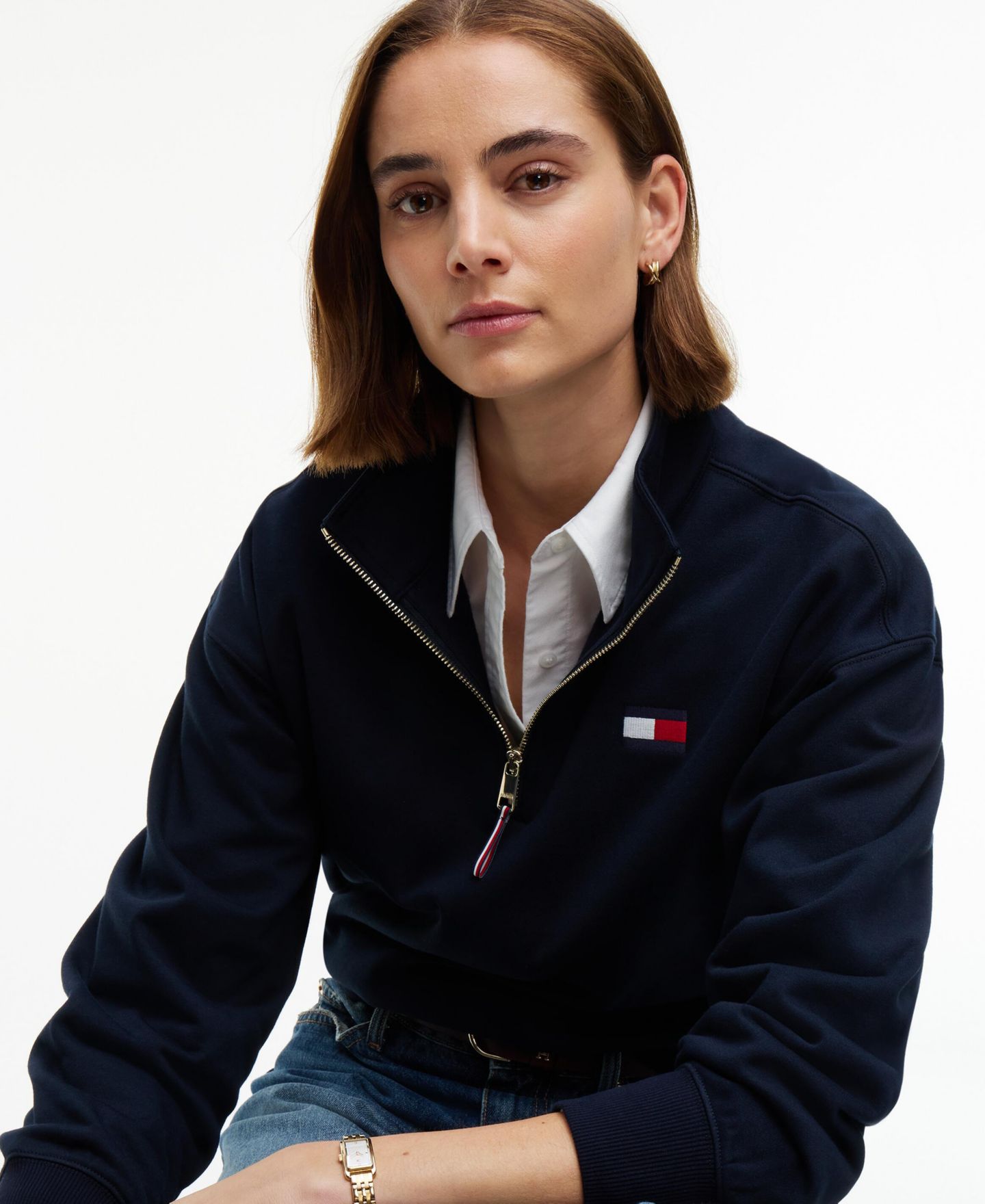 Женский свитшот Tommy Hilfiger с воротником-стойкой и молнией до середины, цвет: Серый меланжевый — фото 4
