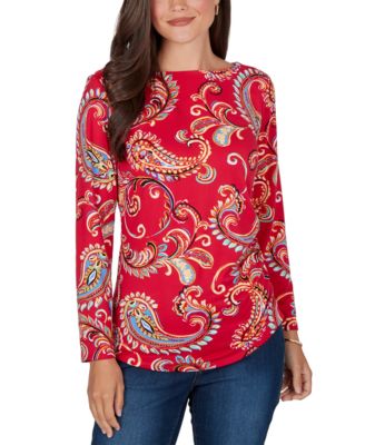 Petite Long-Sleeve Boat-Neck Paisley Blouse
