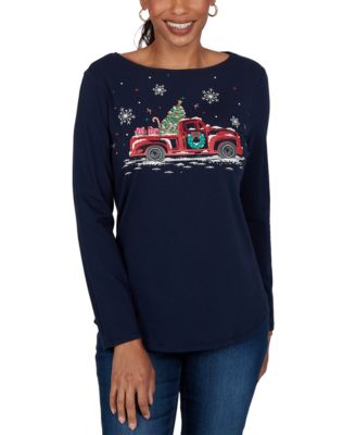 Petite Knt Truck Long-Sleeve Boat Neck Fitted T-Shirt