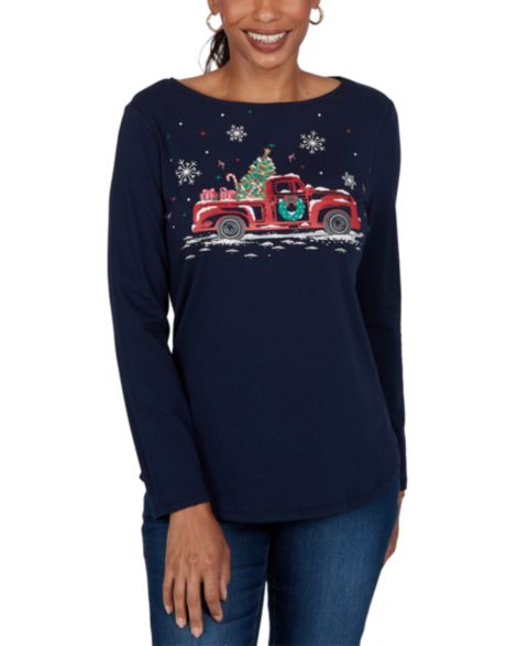 Женская футболка Ruby Rd. Petite Knt Truck Long-Sleeve Boat Neck Fitted, цвет: Тёмно-синий разноцветный