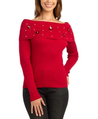 Juniors' Off-the-Shoulder Long-Sleeve Embellished Pullover Sweater