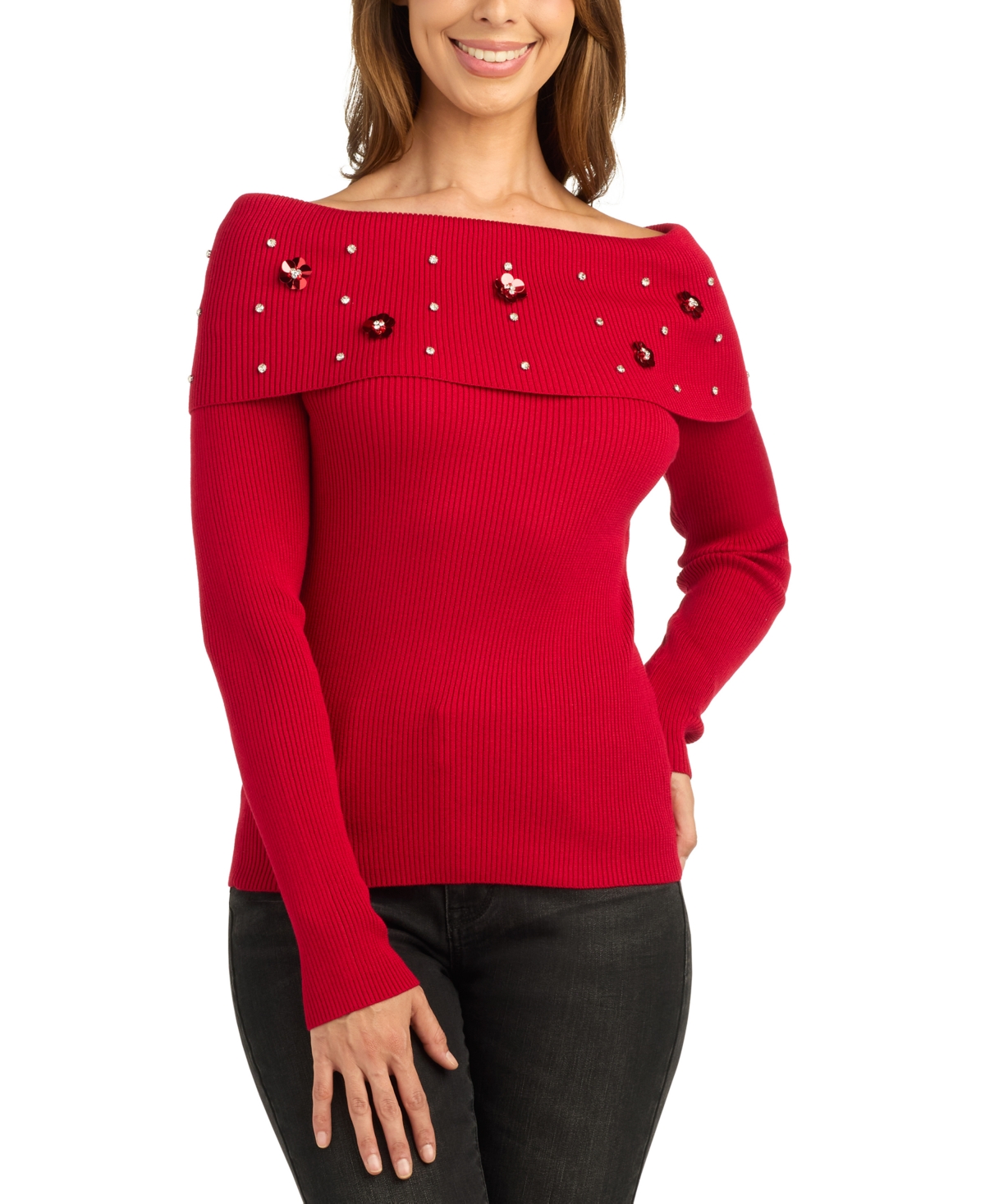Bcx Juniors' Off-the-Shoulder Long-Sleeve Embellished Pullover Sweater