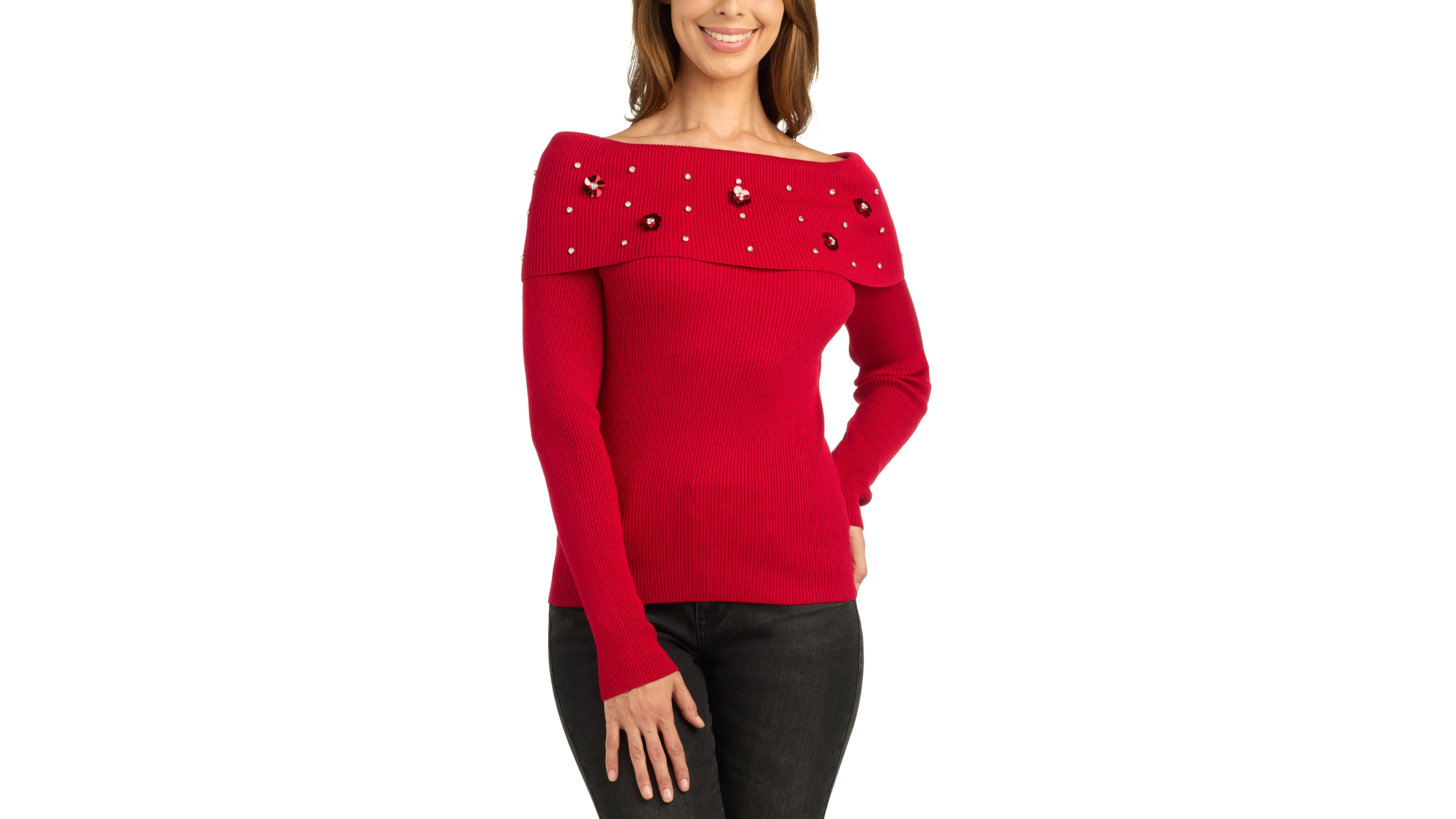 Bcx Juniors' Off-the-Shoulder Long-Sleeve Embellished Pullover Sweater