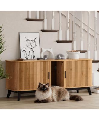 59" Double Cat Litter Box Enclosure Furniture for 2 Cats, Wooden Hidden Litter Box Cabinet TV Stand with Sliding Doors