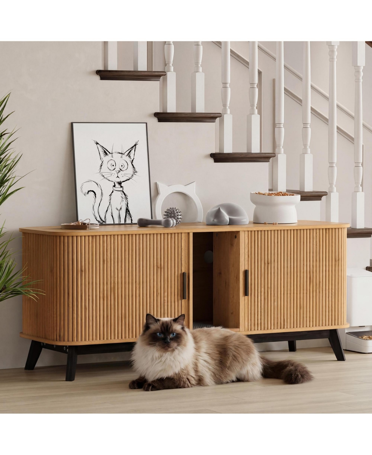 Lalfpet 59" Double Cat Litter Box Enclosure Furniture for 2 Cats, Wooden Hidden Litter Box Cabinet Tv Stand with Sliding Doors